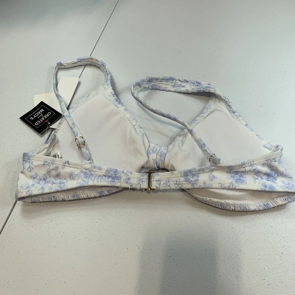 Salt & Cove Junior's Swim Bikini Top L Toile Blue Floral Smocked Bow Cornflower